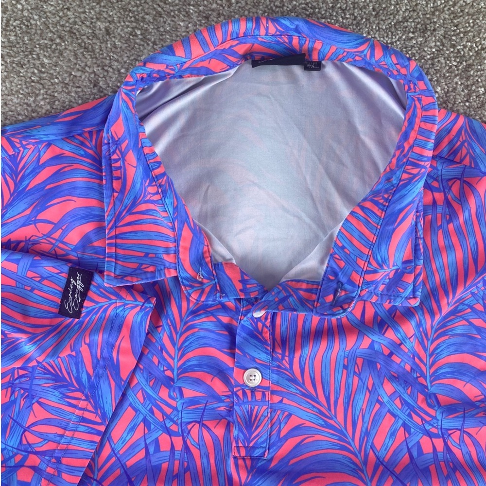 Sunday Swagger Mens 4XL Golf Polo Shirt Pink Blue Tropical Palm Leaf Performance